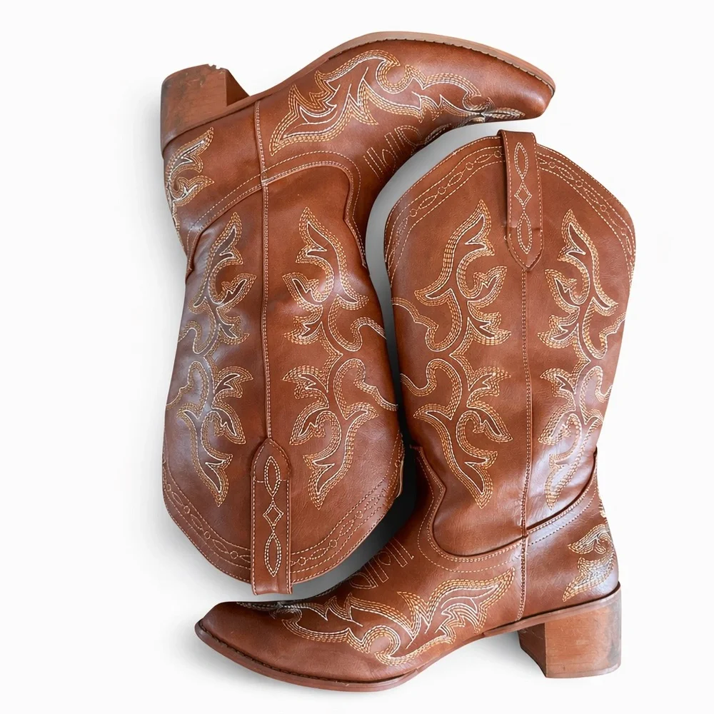 Cognac Embroidered Western Mid-Calf Boots Boho Cowgirl Rodeo Size 11.5 - Picture 8 of 10